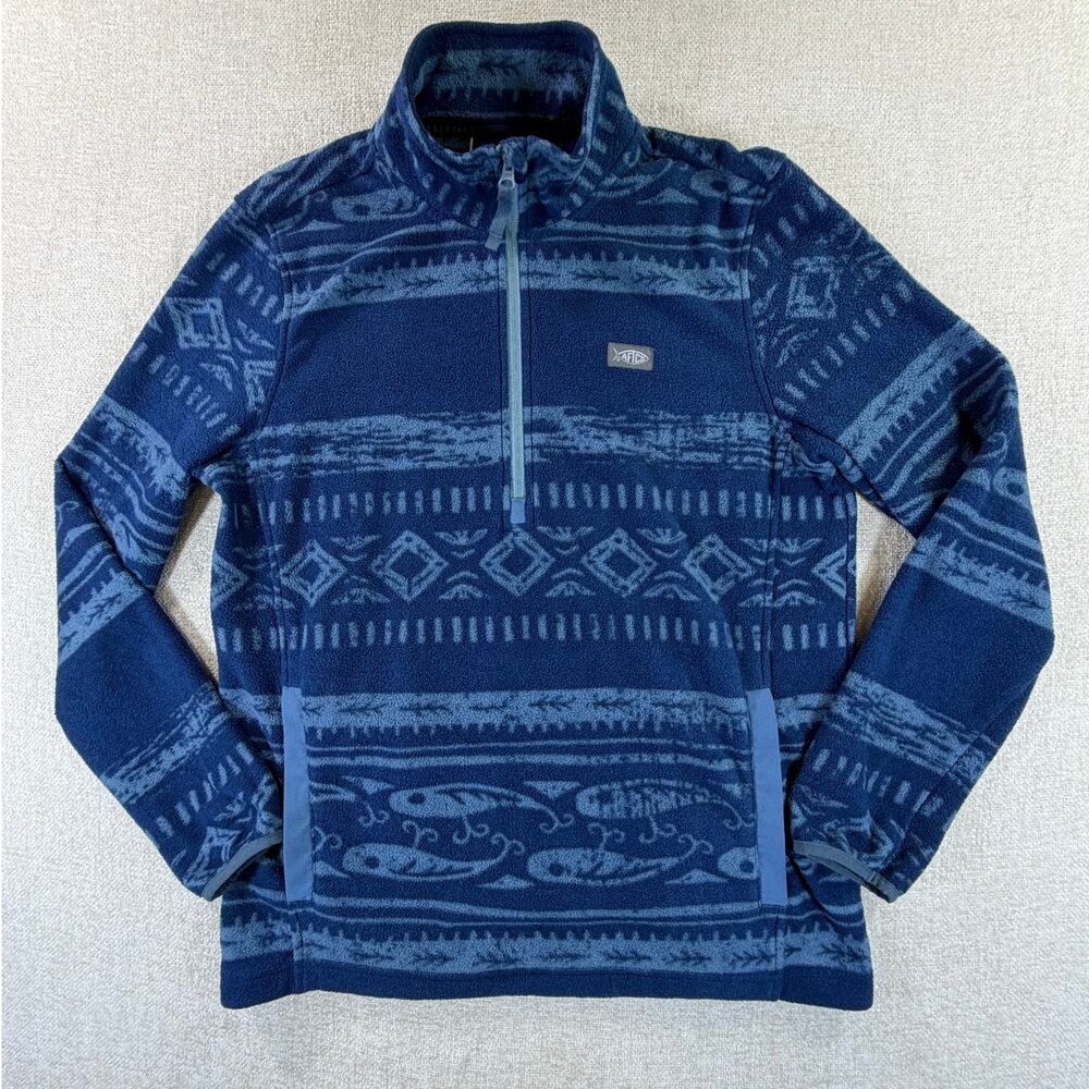 AFTCO Men Medium Blue Southwest Fish Print 1/4 Zip Fishing Pullover Shirt Casual